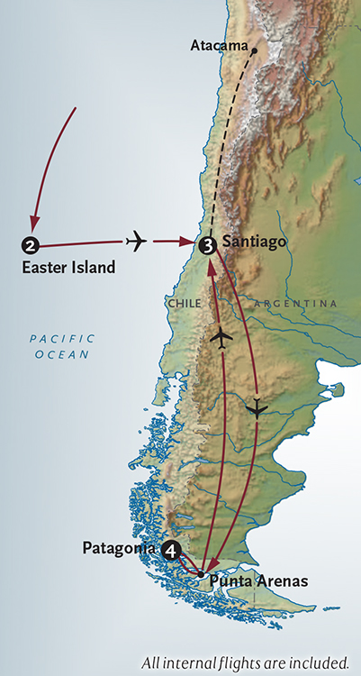 Itinerary map of Easter Island + Patagonia