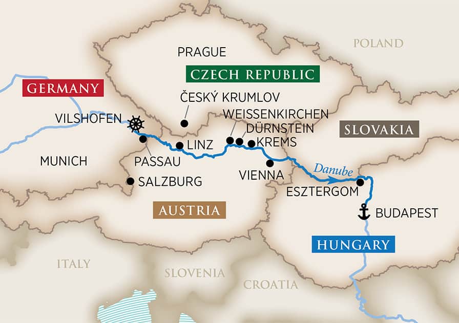 Map for Romantic Danube (Beer Cruise) (Vilshofen to Budapest)