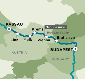 Itinerary map of Wonders of the Danube (Passau to Budapest)