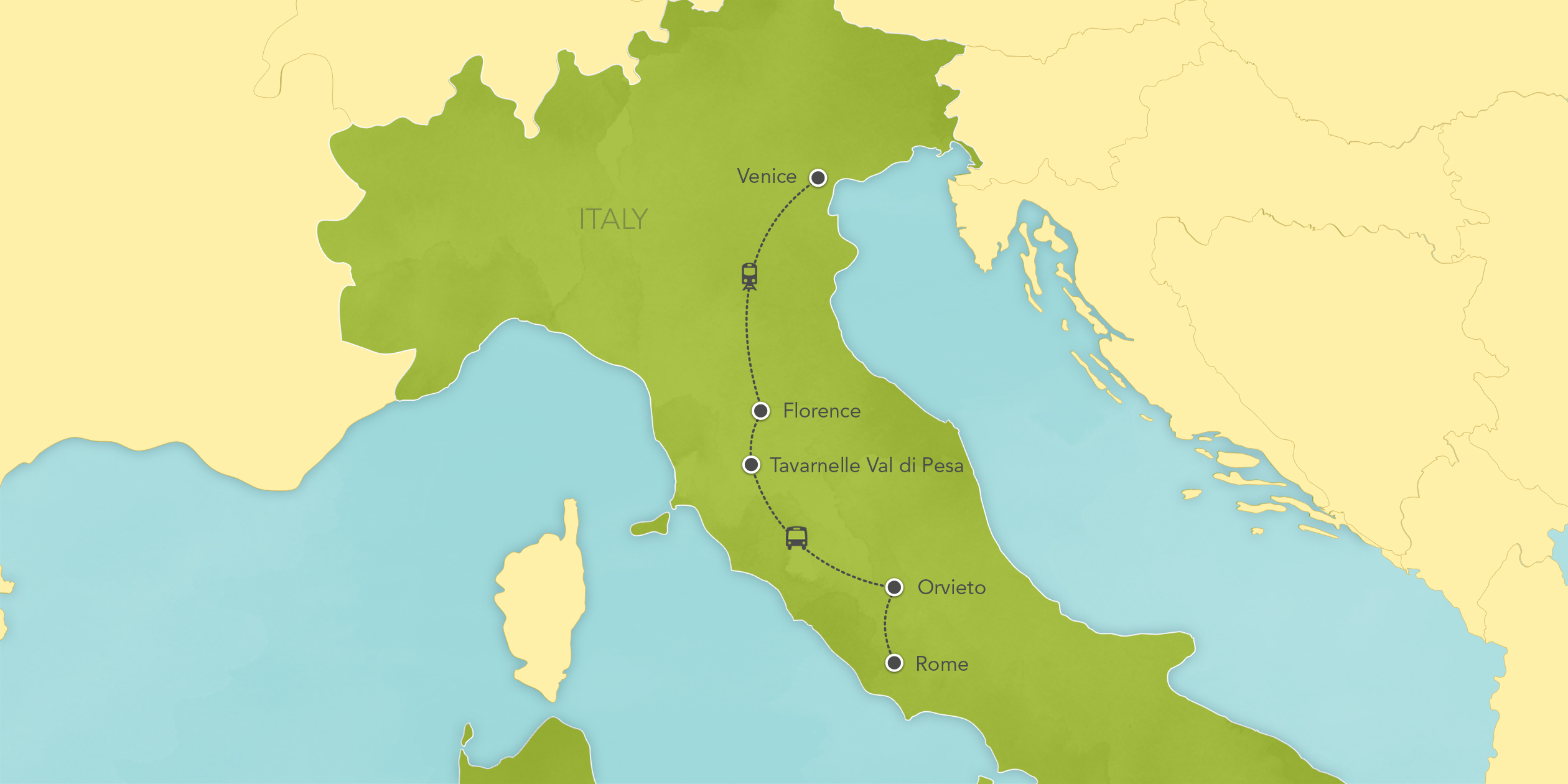 Itinerary map of Italy: Rome, Florence, Tuscany, Venice 2017