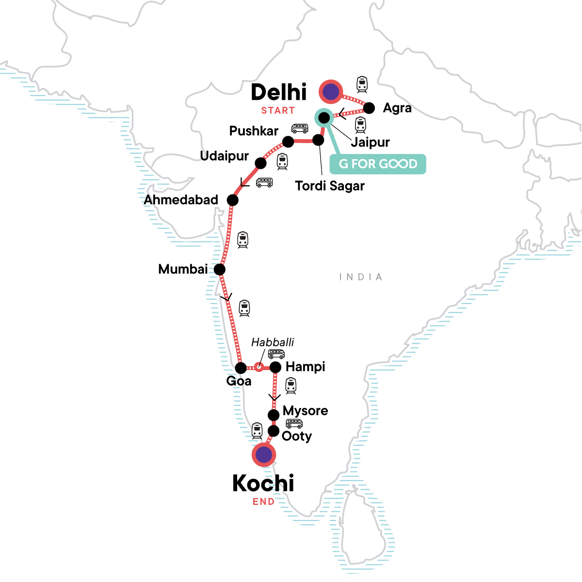 Map for Delhi to Kochi: Hampi Ruins & The Taj Mahal