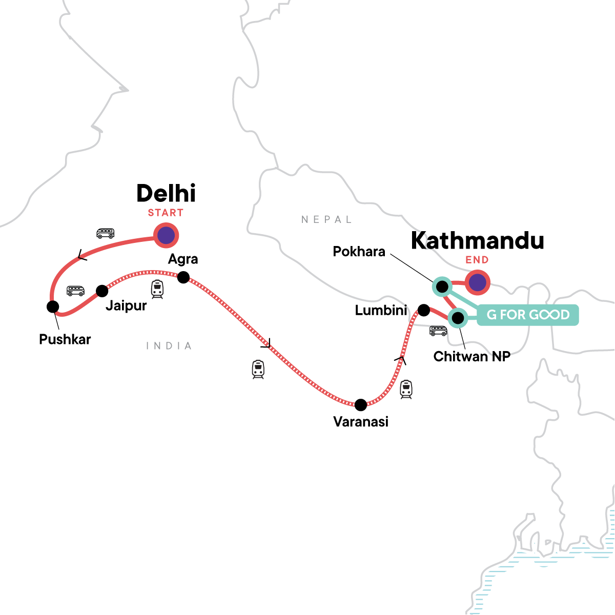 Map for Delhi to Kathmandu: River Walks & Epic Wildlife