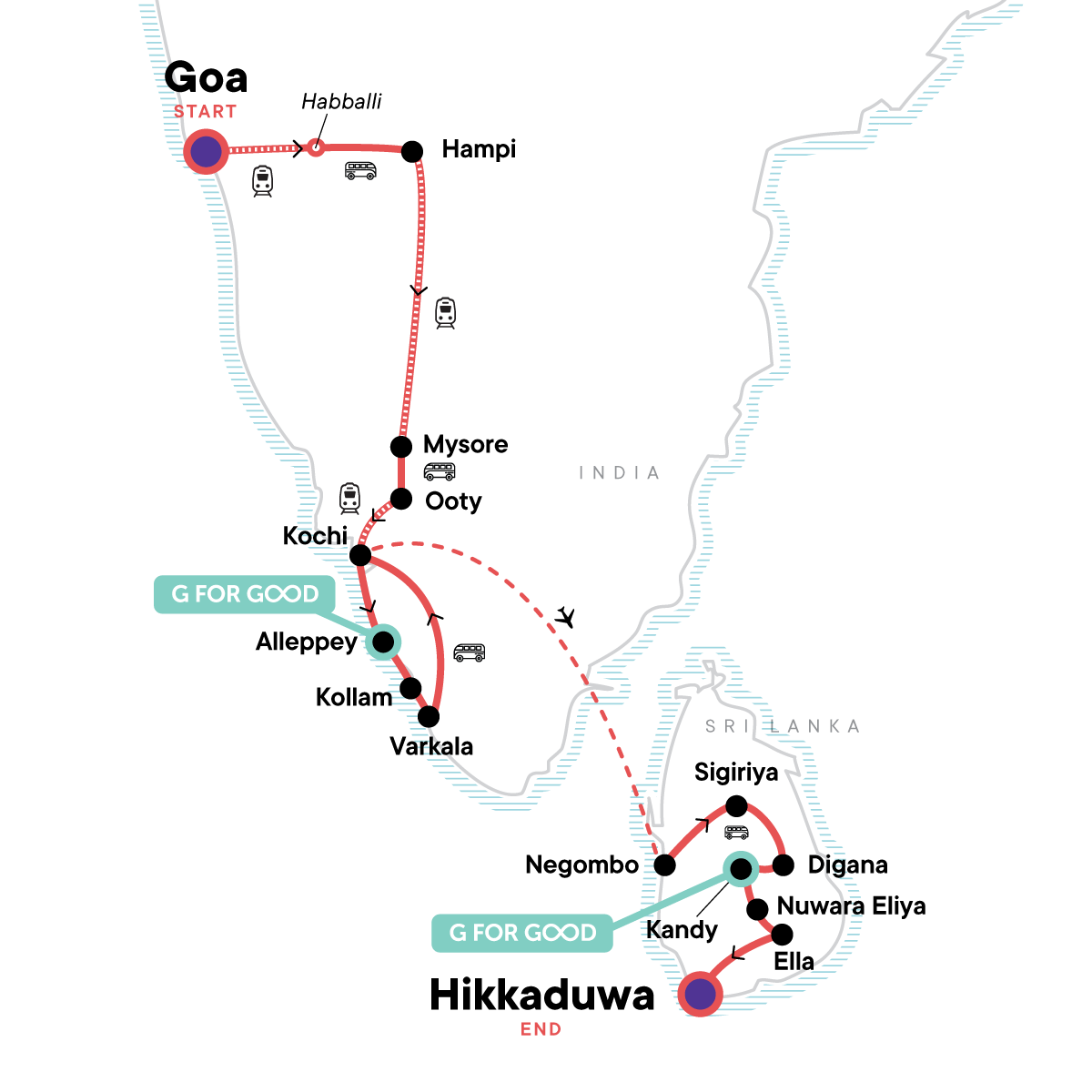 Map for India to Sri Lanka: Spice Gardens & Goa's Beaches