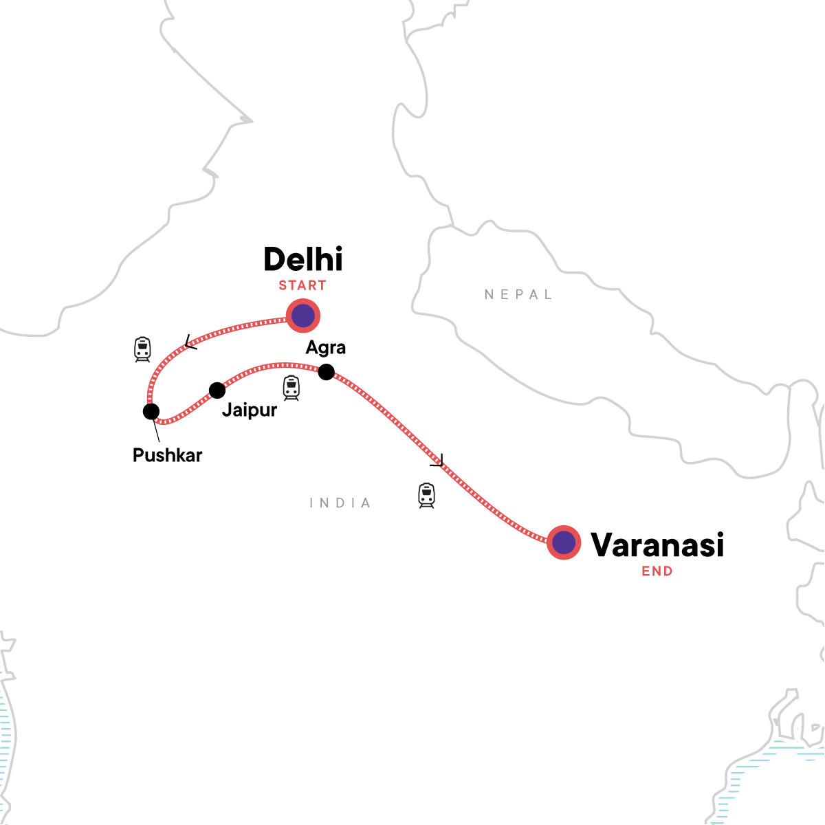 Map for Northern India on a Budget: The Golden Triangle to Varanasi