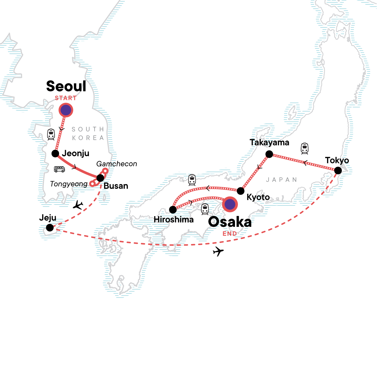 Map for Seoul to Osaka: Beaches & Big Cities
