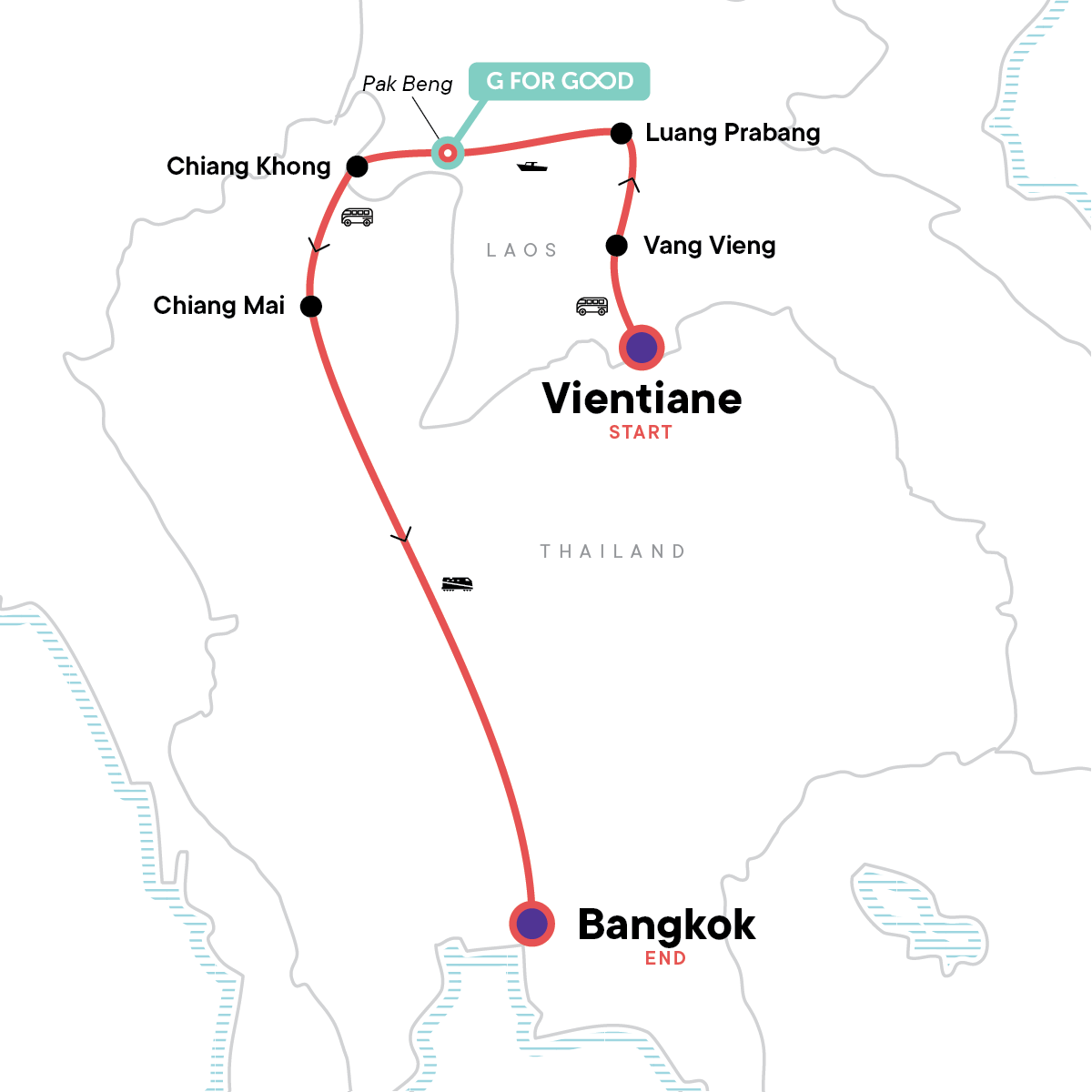 Map for Laos to Thailand: Night Markets & Mekong Cruising