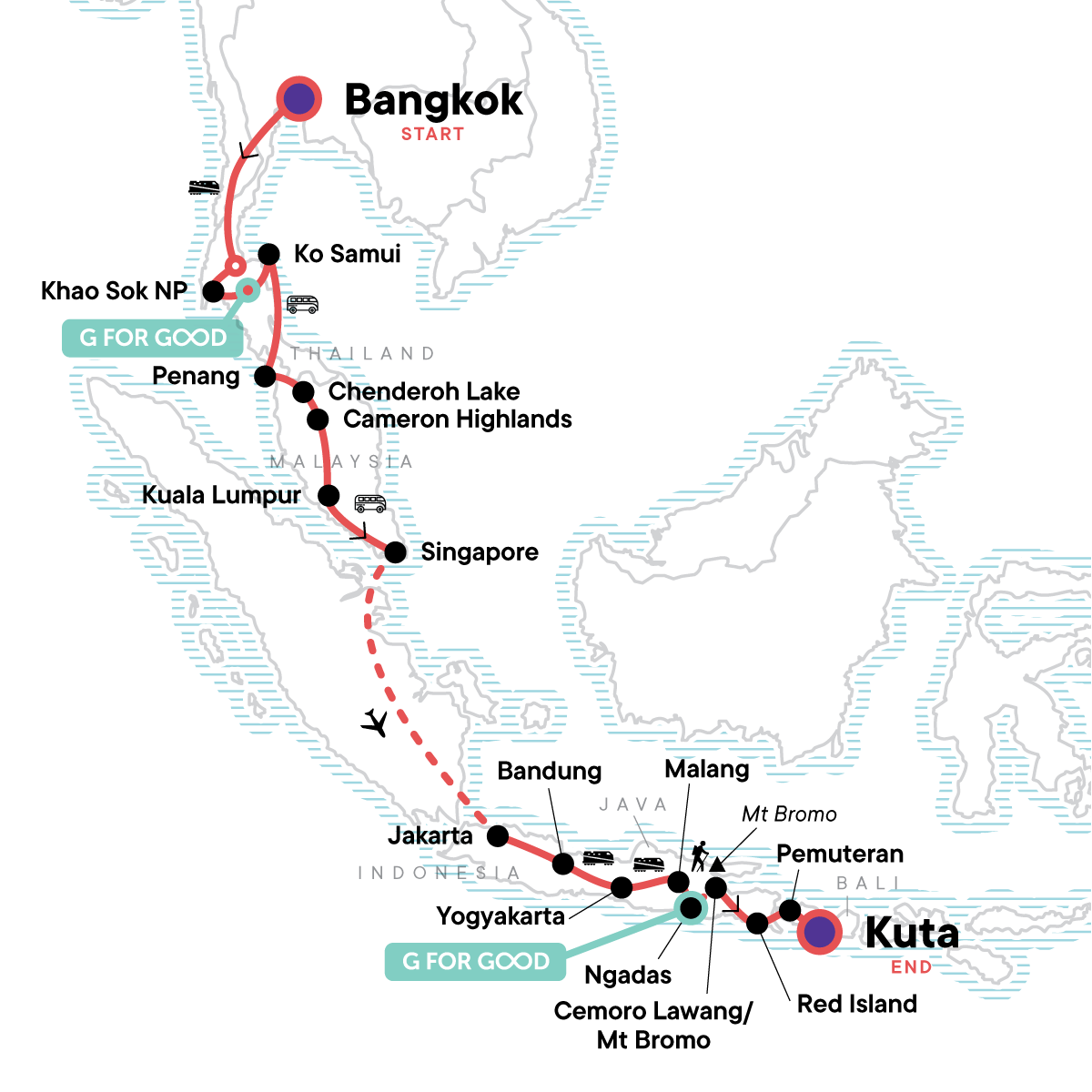 Map for Bangkok to Kuta: Summits & Sunsets