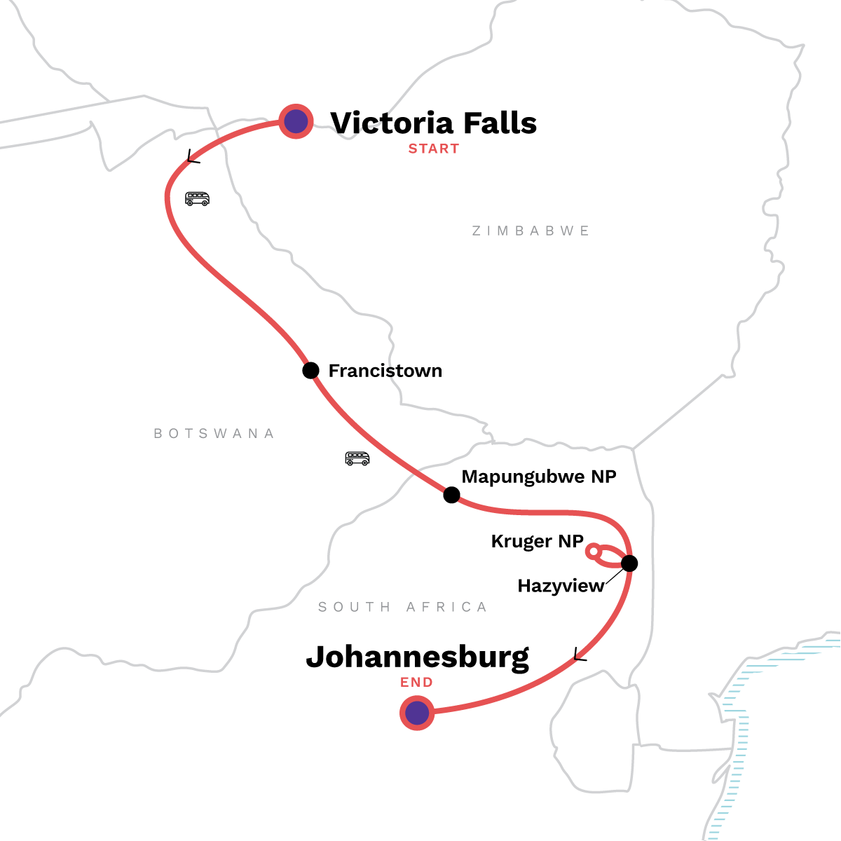 Kruger, Falls & Botswana: Wildlife Walks & National Parks route map