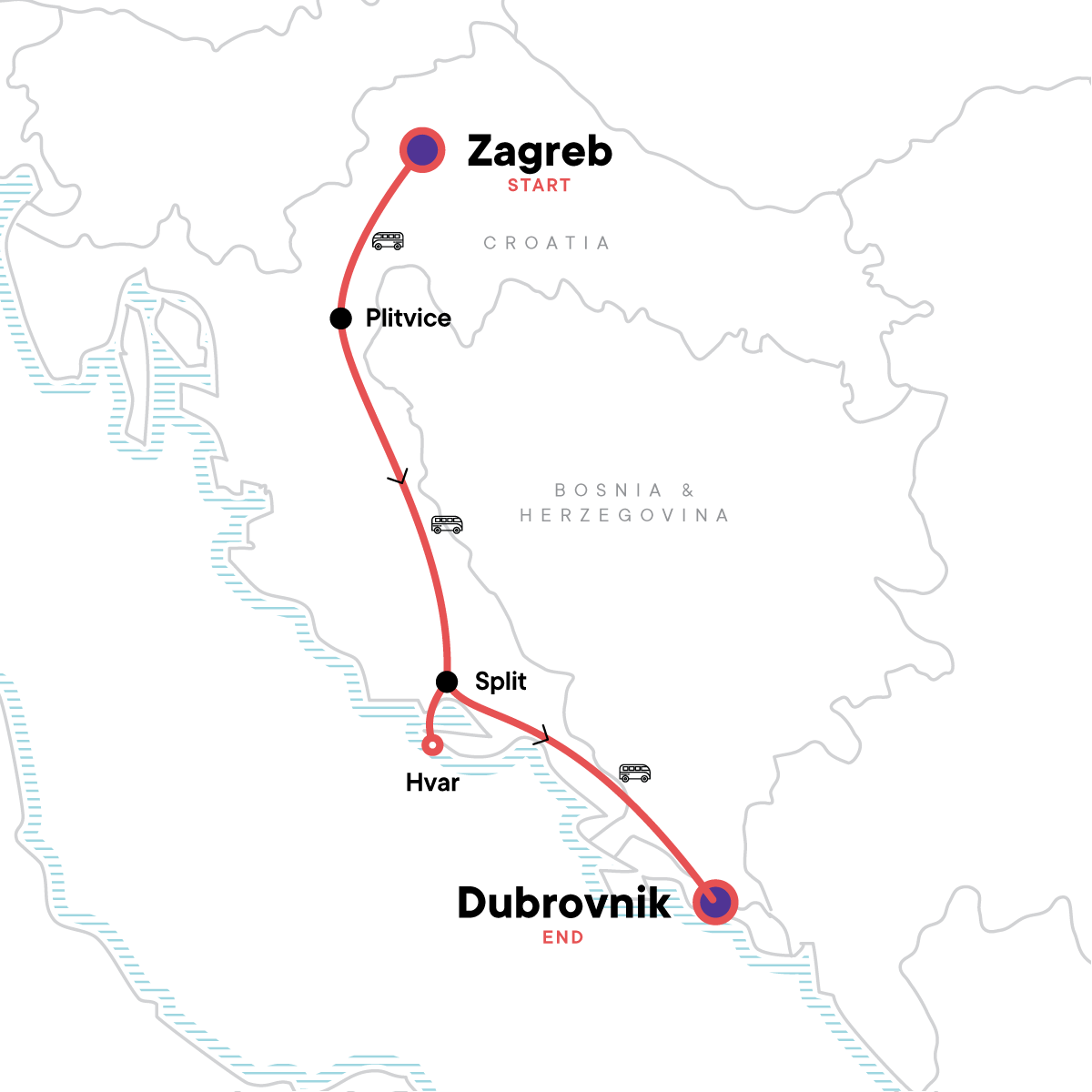 Map for Zagreb to Dubrovnik: Parties & Plitvice Lakes