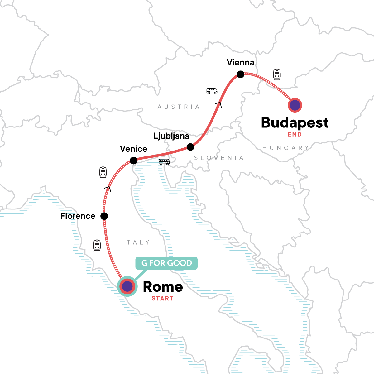 Map for Rome to Budapest: Canals & Capitals