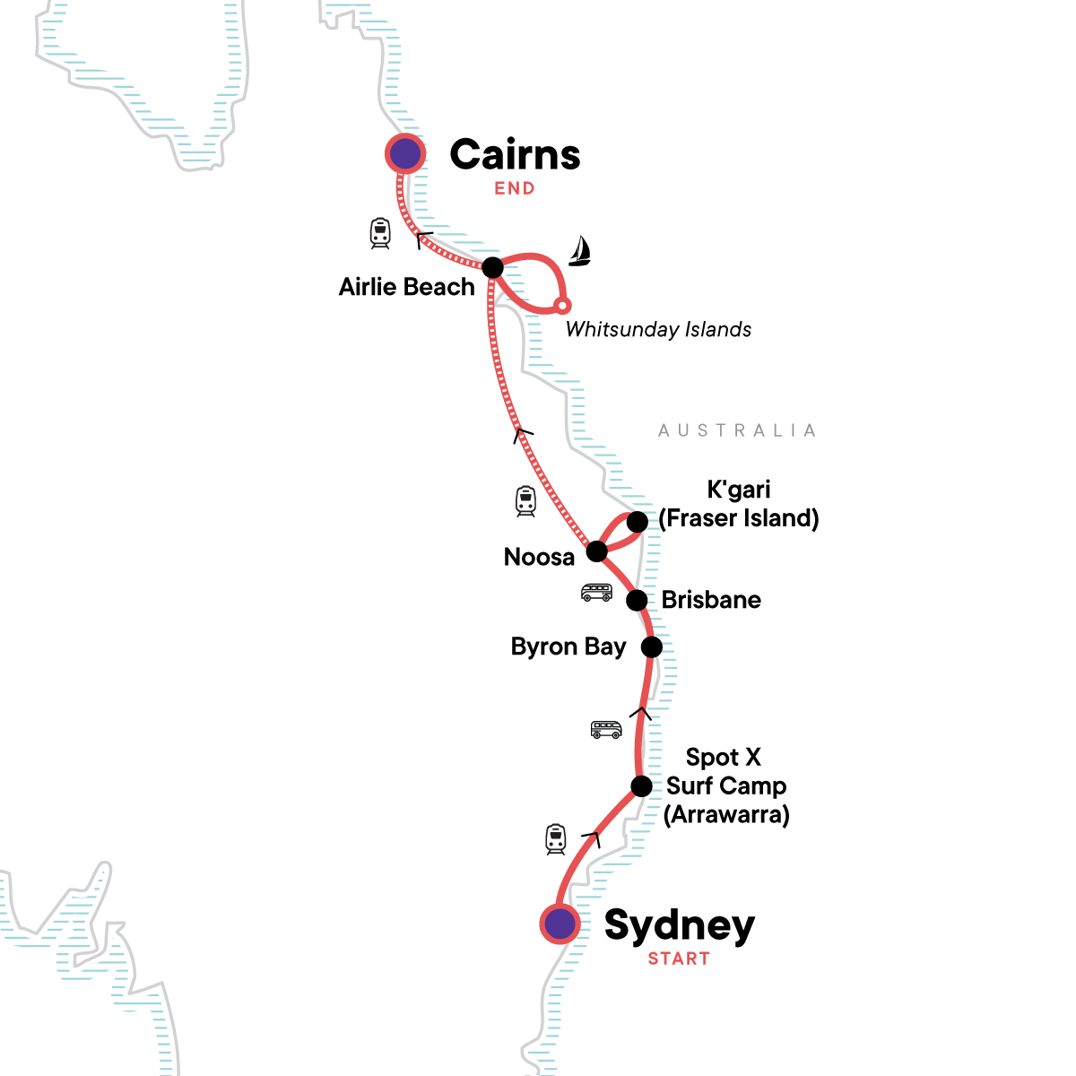 Map for Most of the Coast: Sydney to Cairns