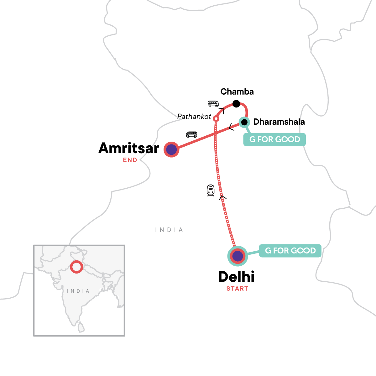 Map for North India: Delhi, Dharamshala & the Golden Temple