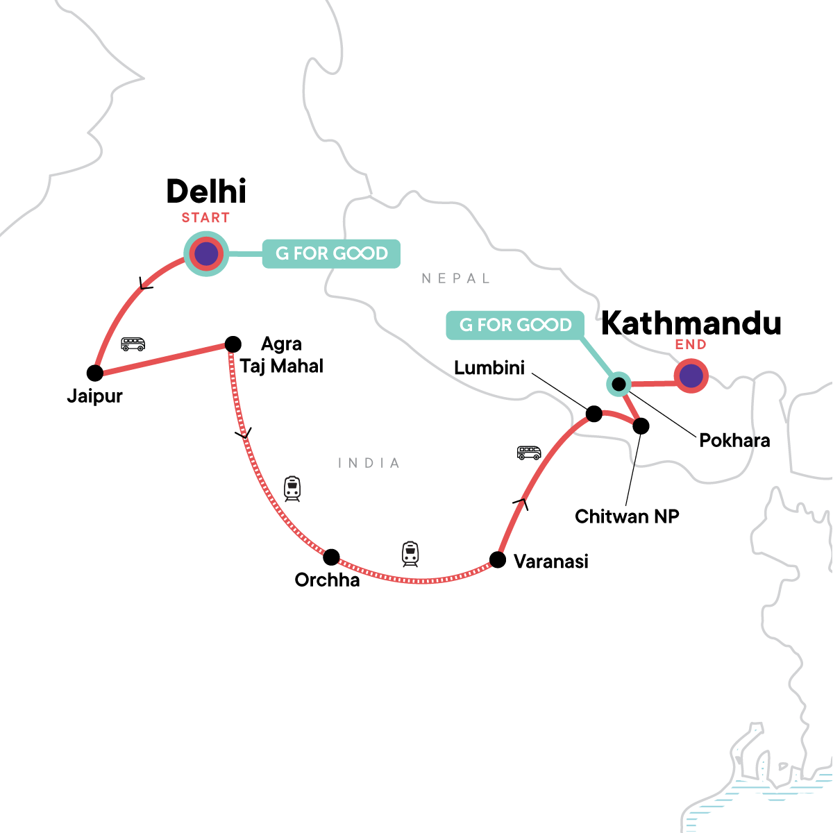 Map for Delhi To Kathmandu Adventure