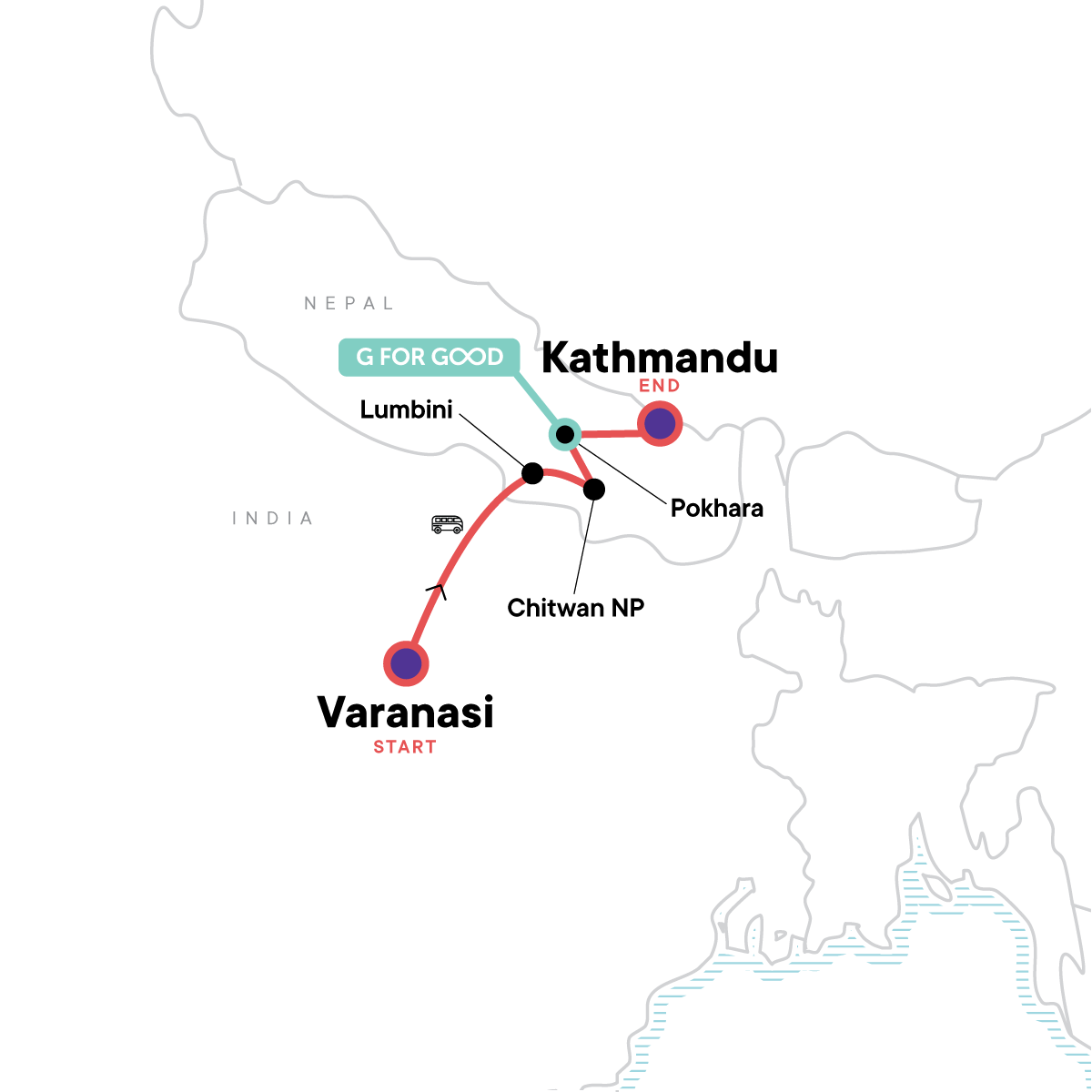 Map for Varanasi to Kathmandu: Temples, Trails & Himalayan Hikes