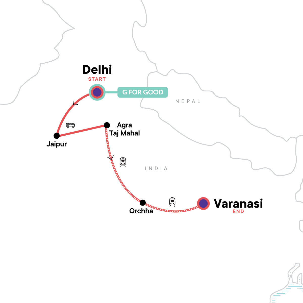 Map for India’s Golden Triangle: Taj Mahal to the Ganges