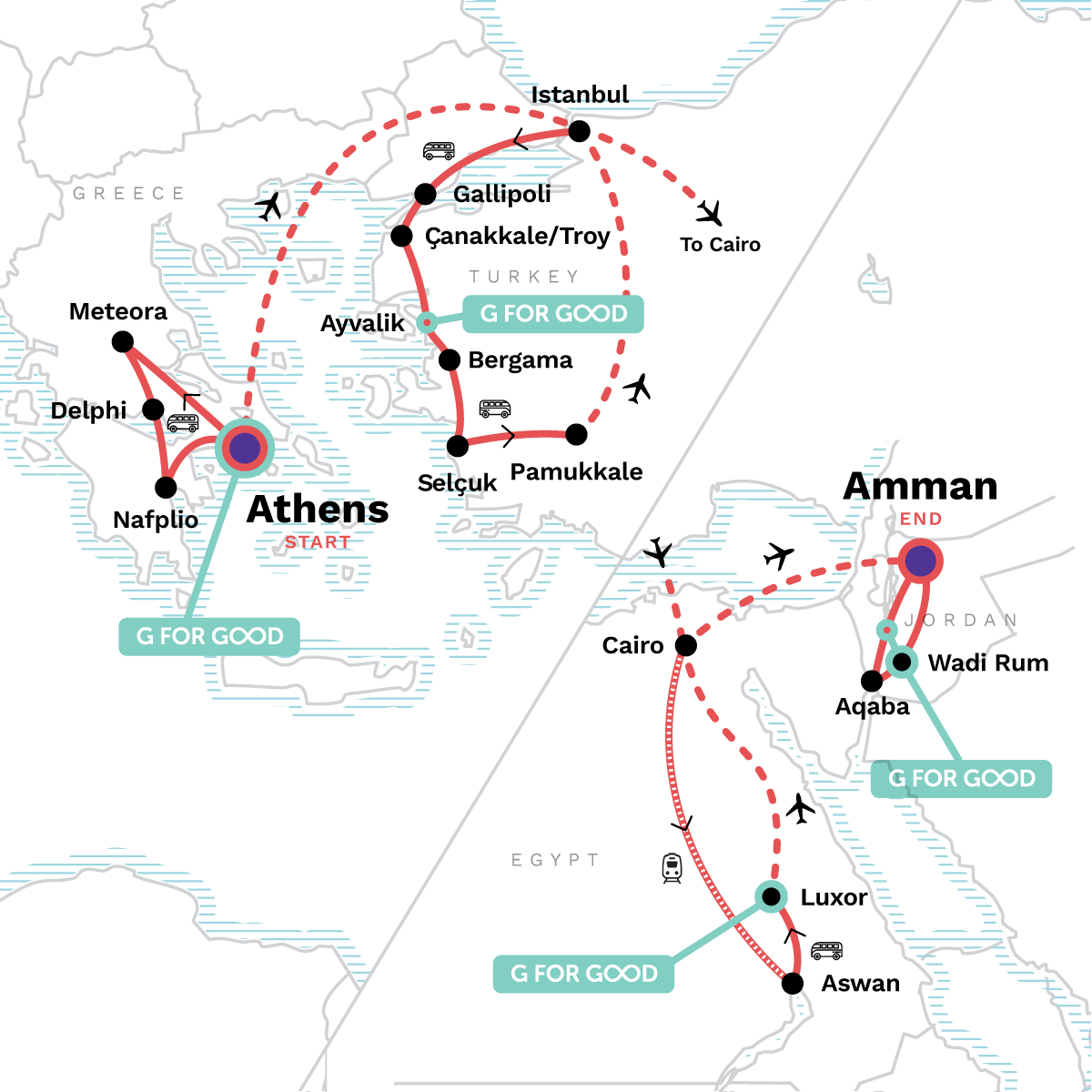 Ancient Civilizations: Greece, Turkey, Egypt & Jordan route map