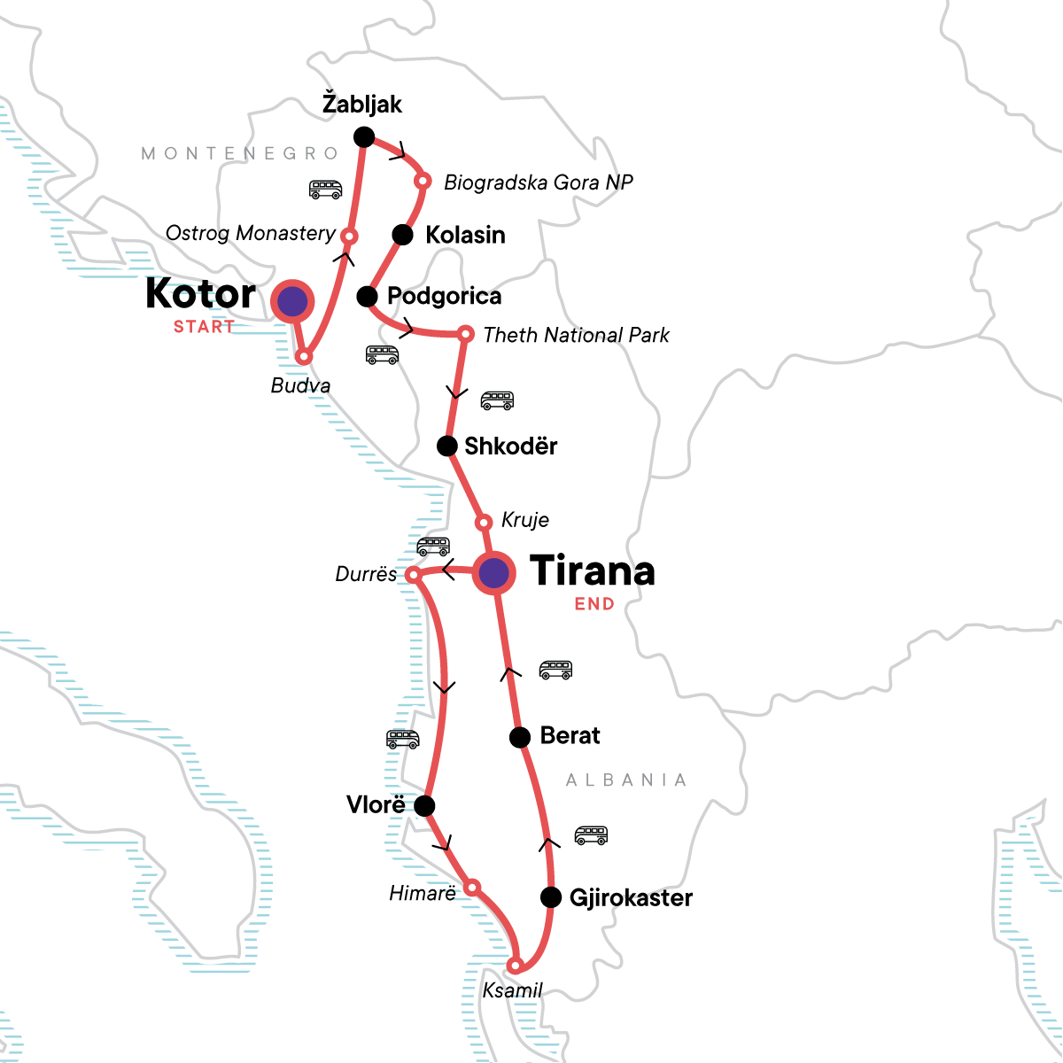 Map for Montenegro & Albania Adventure