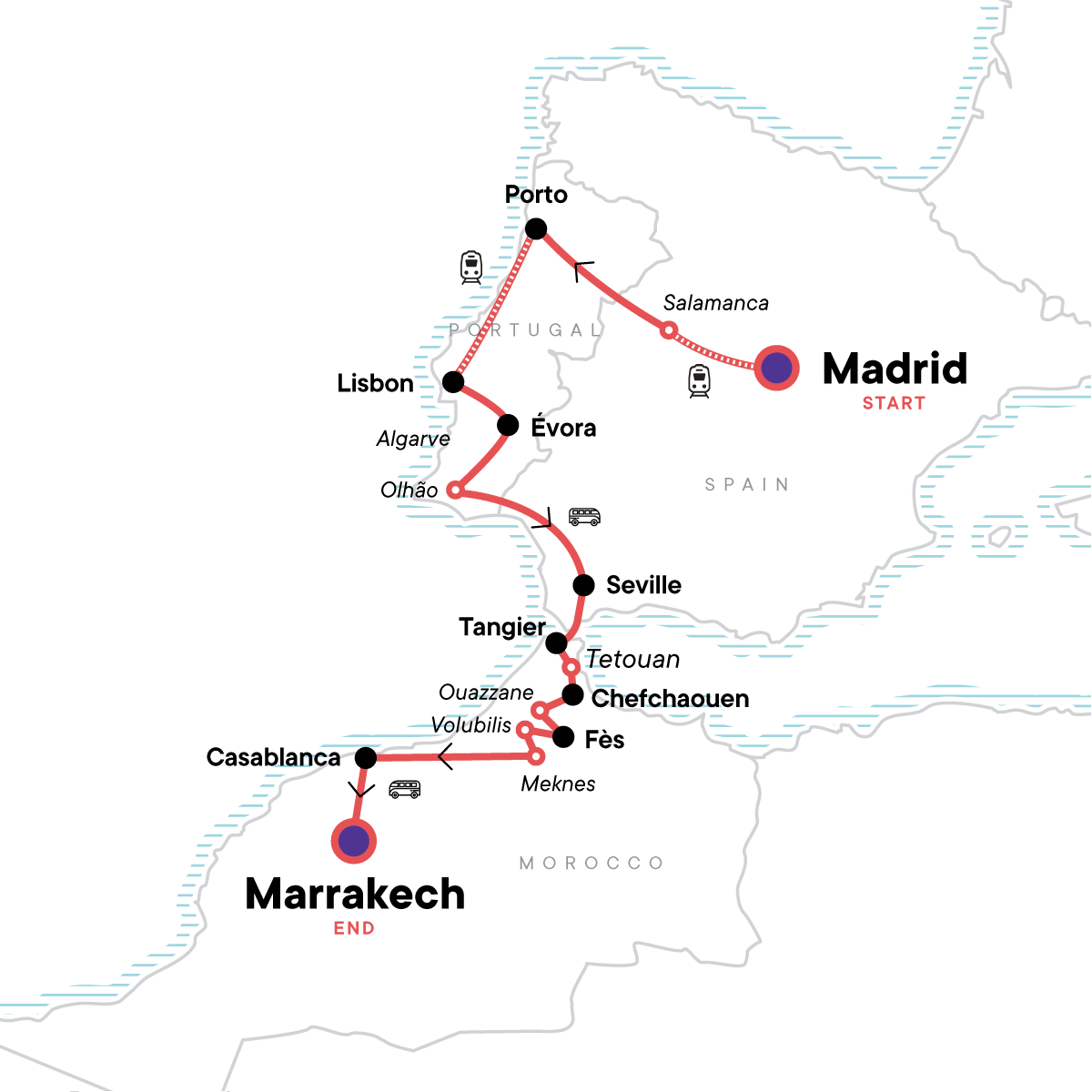 Map for Spain, Portugal, and Morocco Adventure