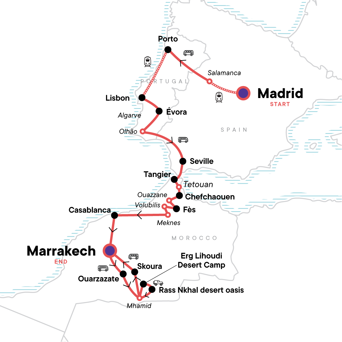 Map for Spain, Portugal & Morocco: North to South with Marrakech