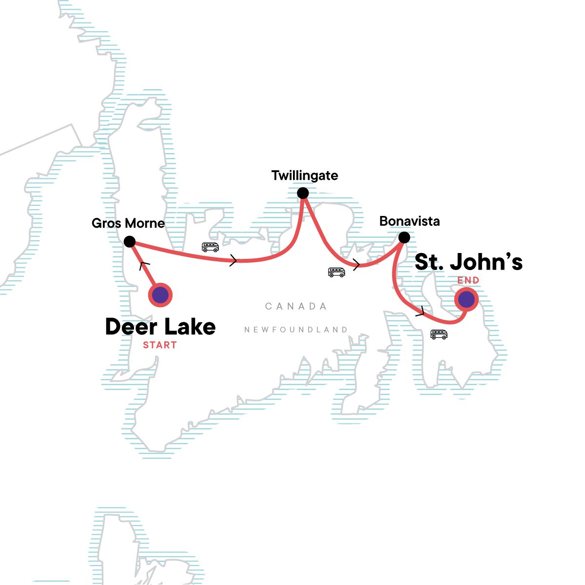Map for Newfoundland Adventure: From Deer Lake to St. John's
