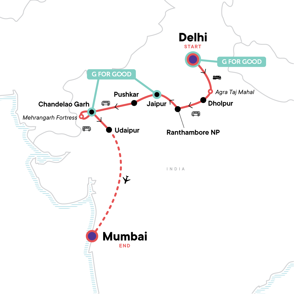 Map for Northern India: Riverside Safaris, Ancient Fortresses & the Taj Mahal