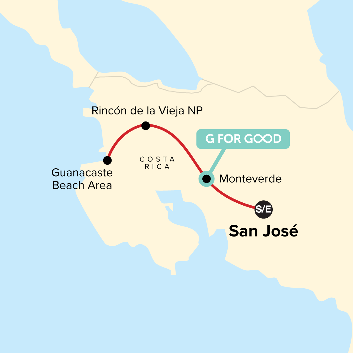 Costa Rica Family Journey: From Cloud Forests to the Beach route map