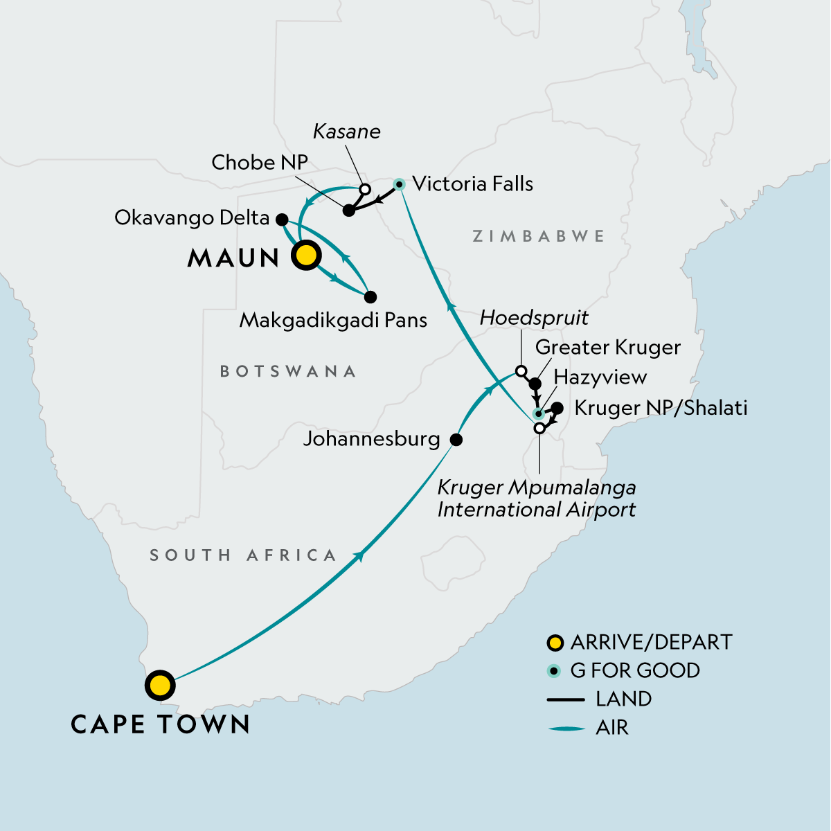 Signature: Southern Africa’s Highlights, Cape Town to the Okavango Delta route map
