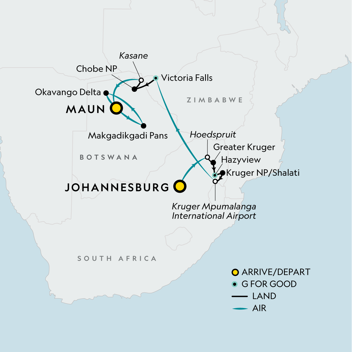 Signature: Kruger, Victoria Falls & Botswana’s Untamed Wonders route map