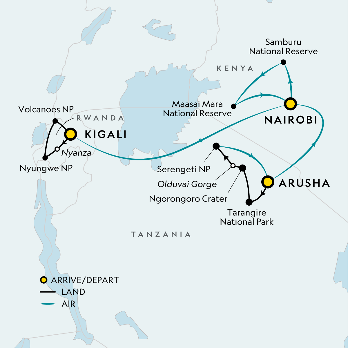 Signature: Tanzania, Kenya & Rwanda — Savannah to the Rainforest route map