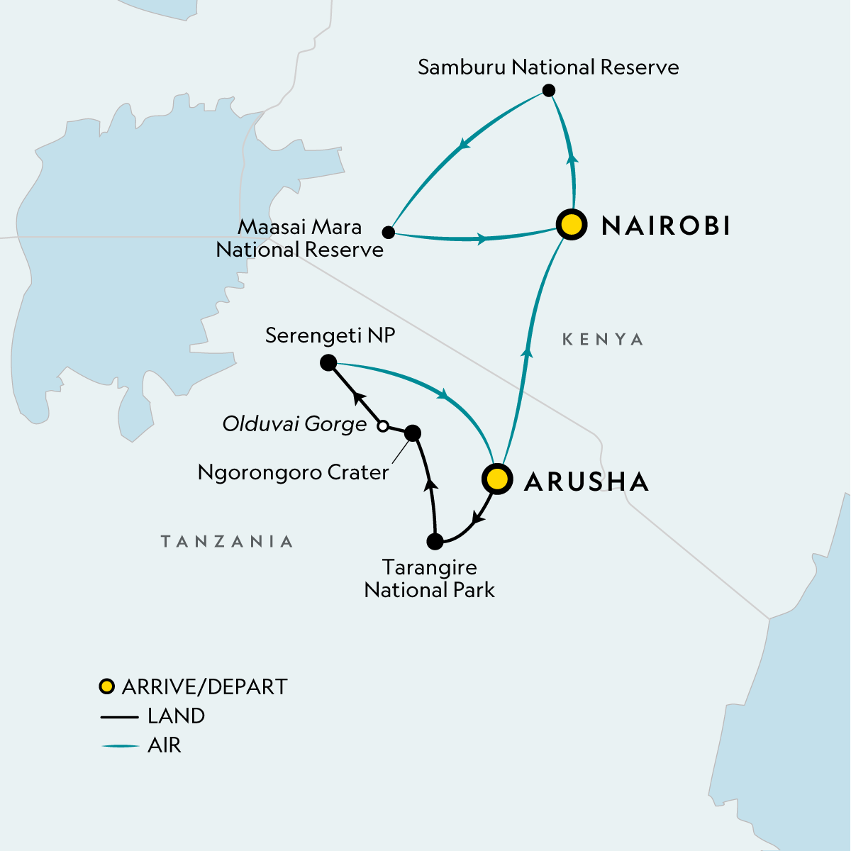 Signature: Tanzania & Kenya — Serengeti to the Maasai Mara route map