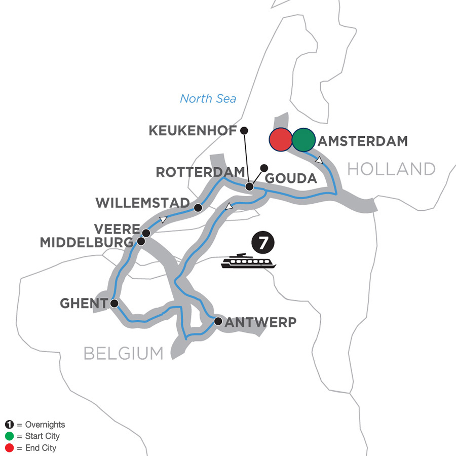 Itinerary map of Tulip Time Cruise 2019 - 8 days Amsterdam to Amsterdam