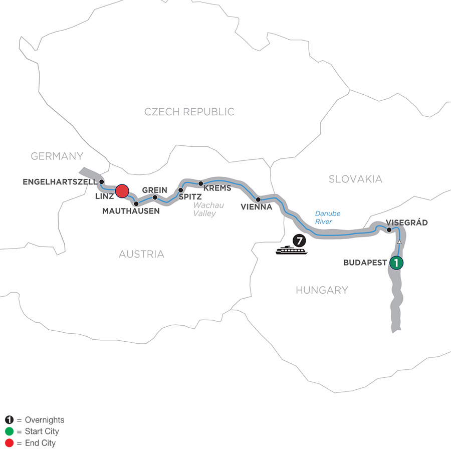 Itinerary map of Active Discovery on the Danube 2019 - 9 days Budapest to Linz