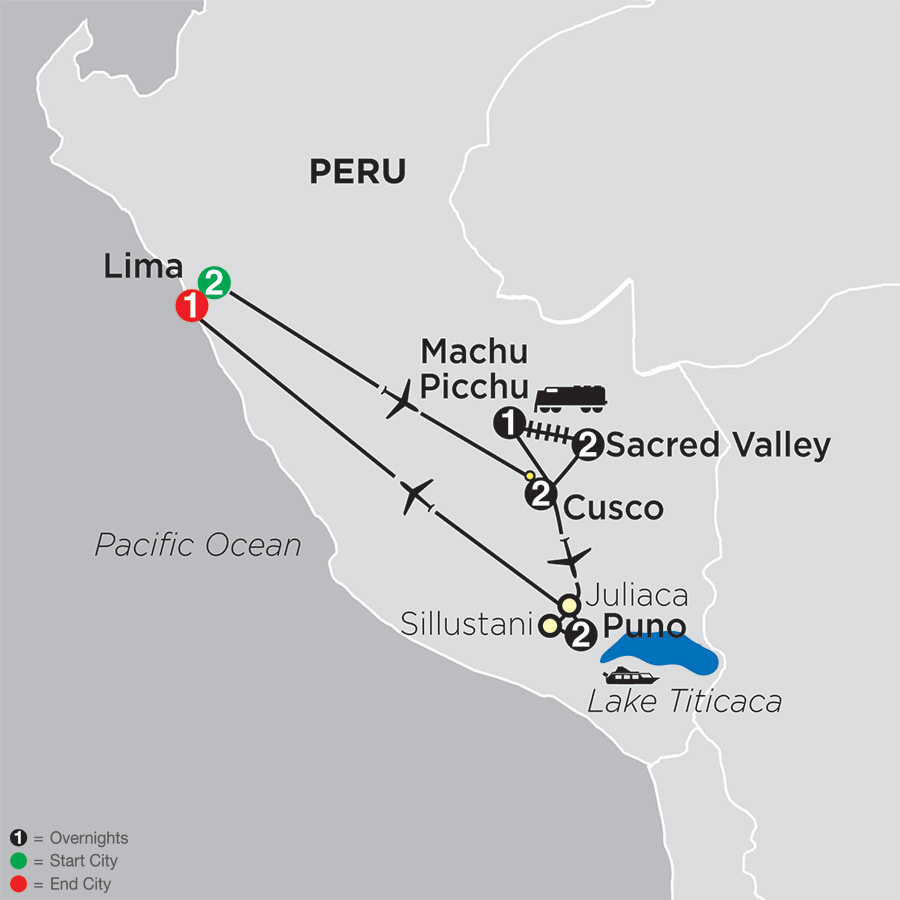 Itinerary map of Mysteries of the Inca Empire 2019 - 11 days from Lima to Lima