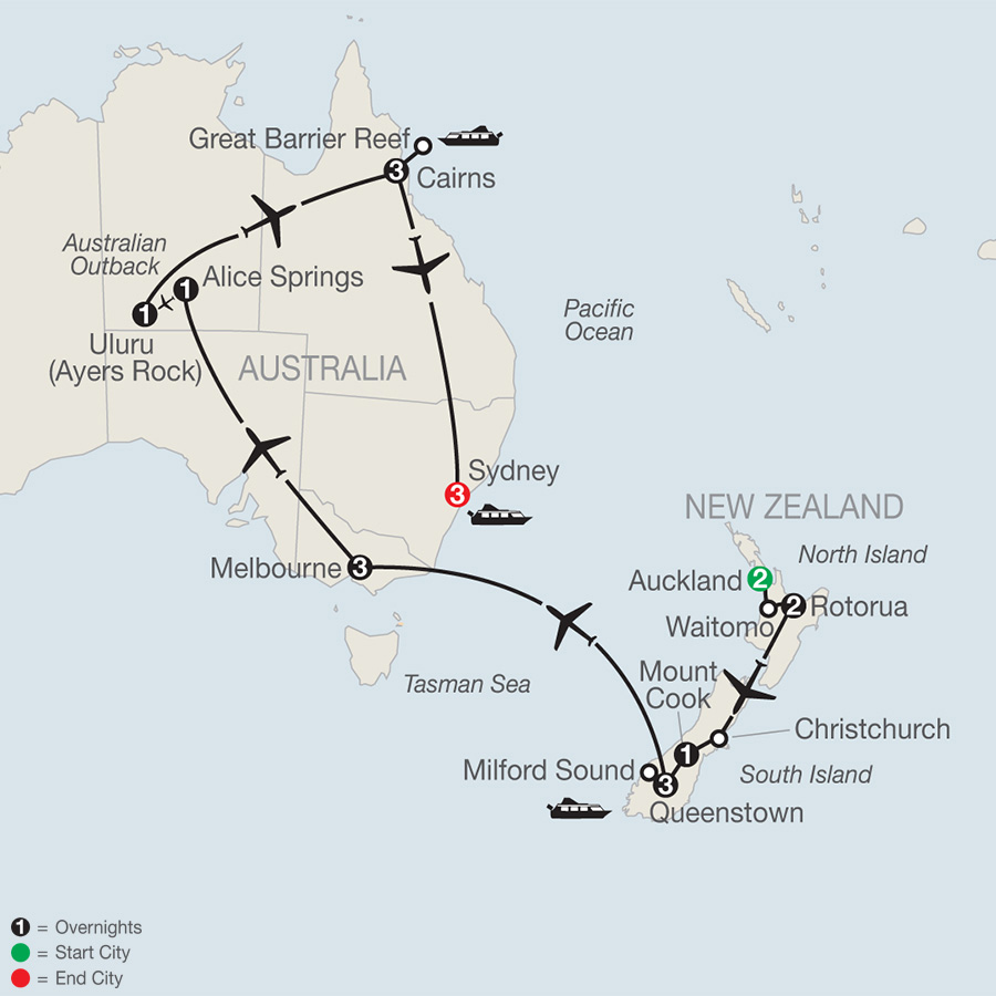 Itinerary map of Down Under Discovery 2019 - 20 days from Auckland to Sydney