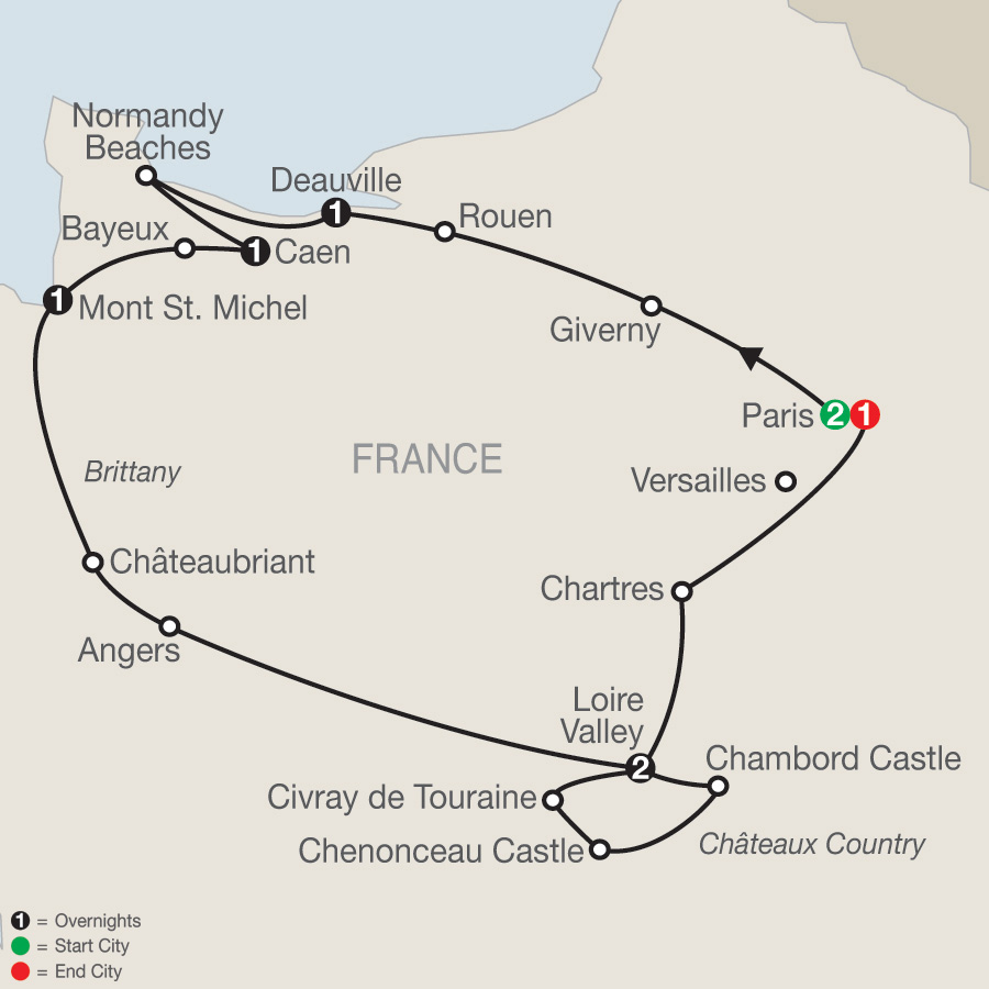 Itinerary map of Normandy, Brittany & Châteaux Country 2019 - 9 days from Paris to Paris