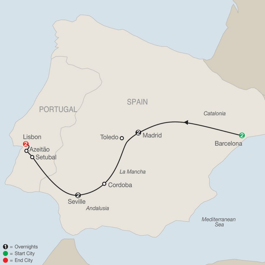 Itinerary map of Iberian Tapestry 2019 - 9 days from Barcelona to Lisbon