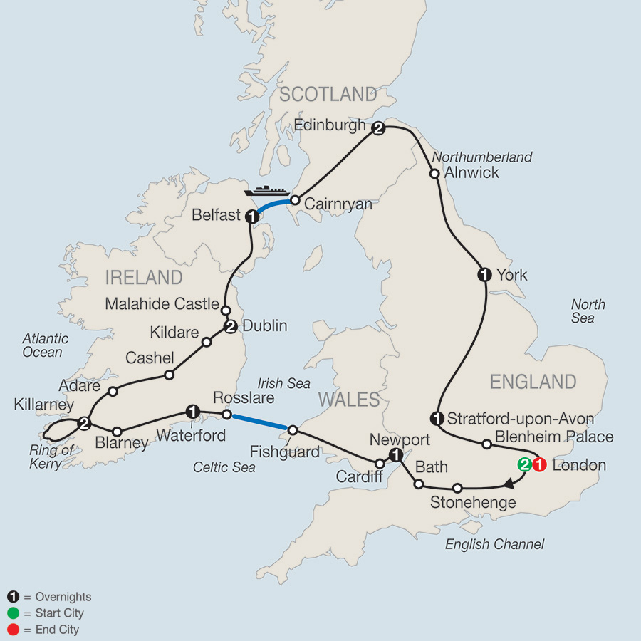 Itinerary map of Highlights of Britain & Ireland 2019 from London to London