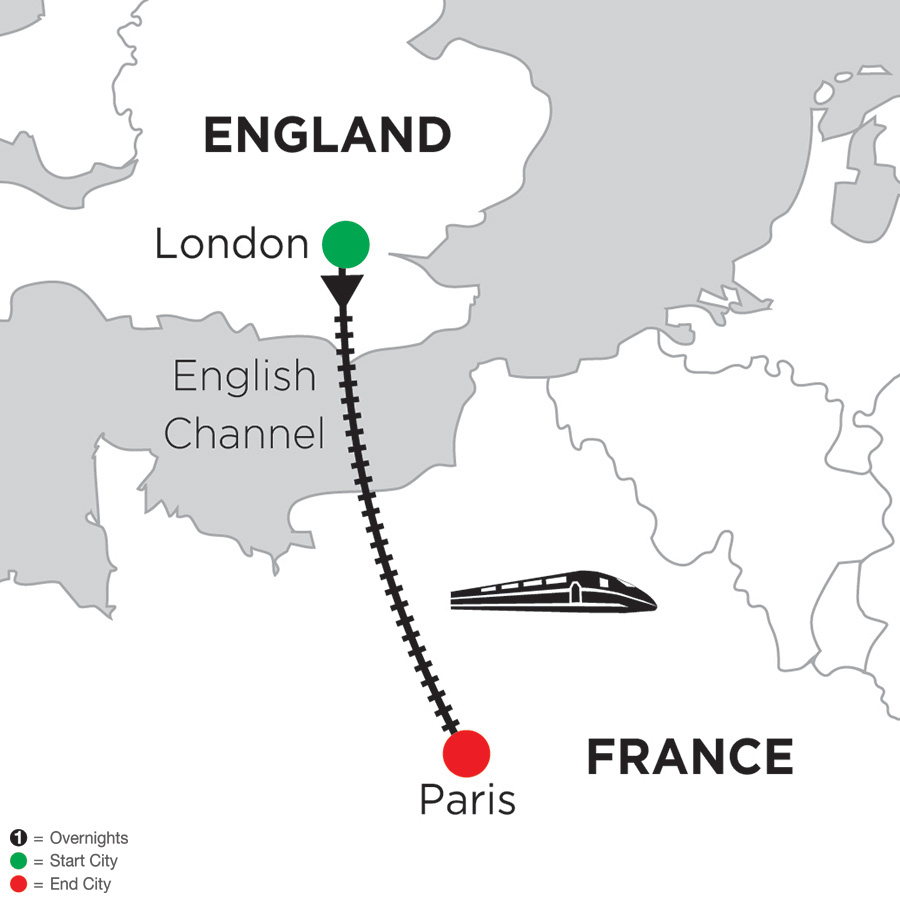 Itinerary map of 3 Nights London & 5 Nights Paris 2019