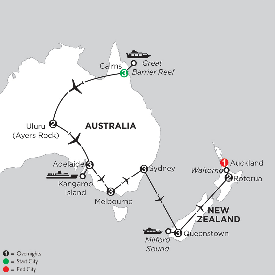 Itinerary map of Aussie Adventure with Queenstown & Rotorua 2019 - 21 days from Cairns to Auckland