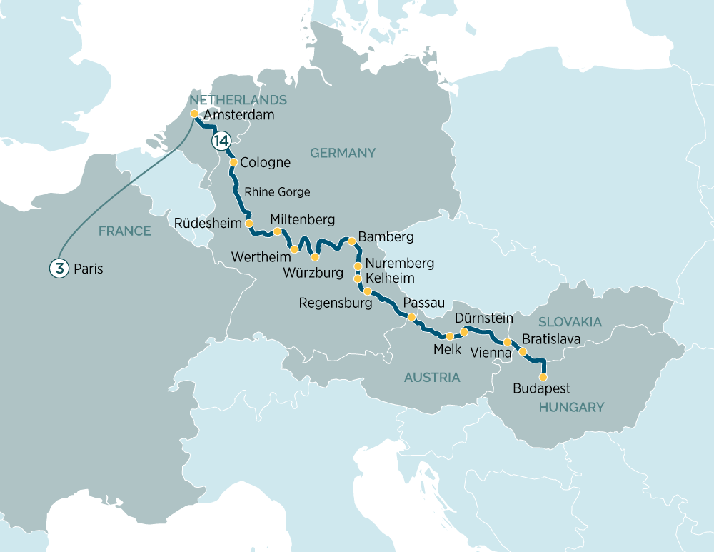 Itinerary map of Splendours of Europe & Paris Escape