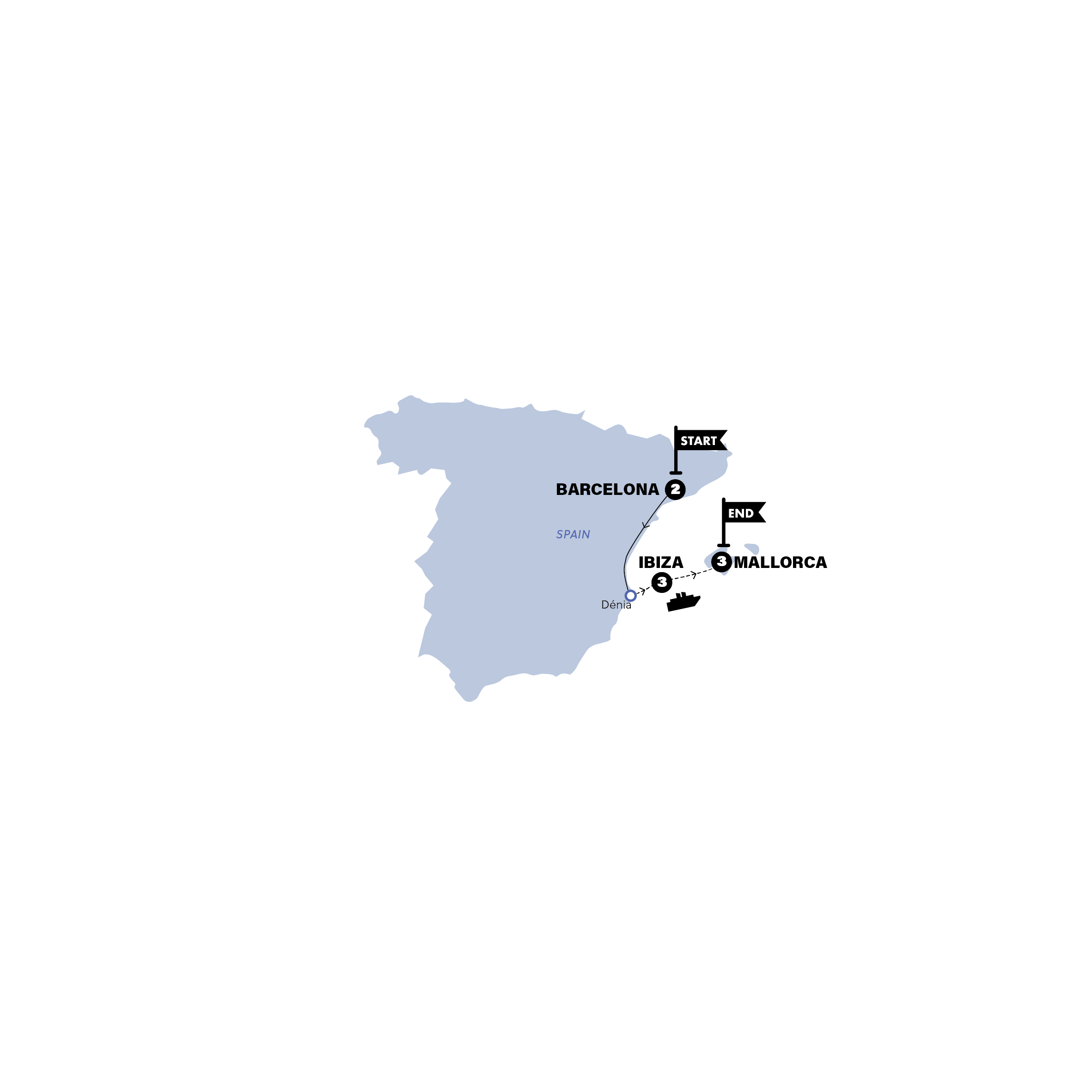 Map for Barcelona, Ibiza and Mallorca |