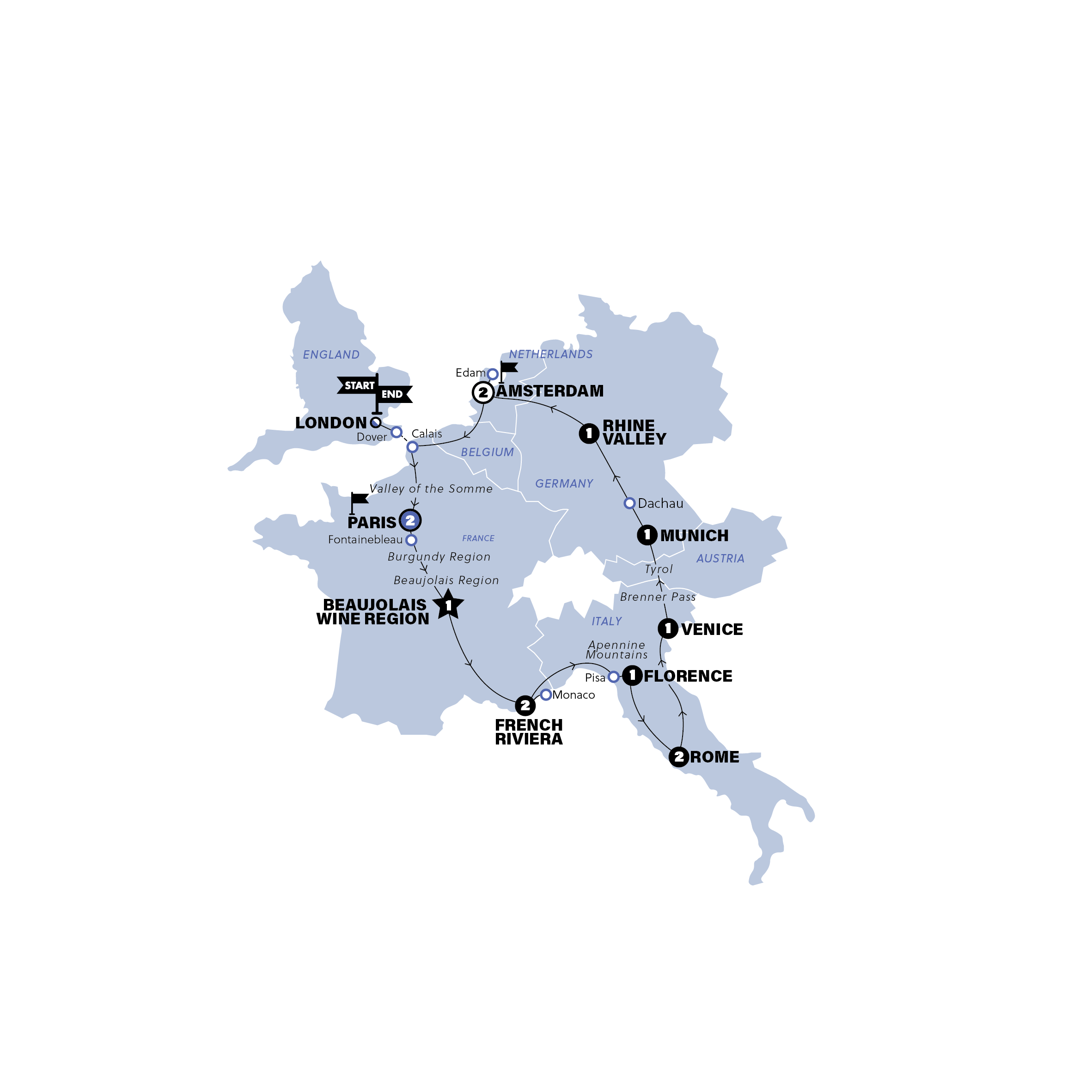 Map for European Highlights | Age 18-22 | Start London | 2026
