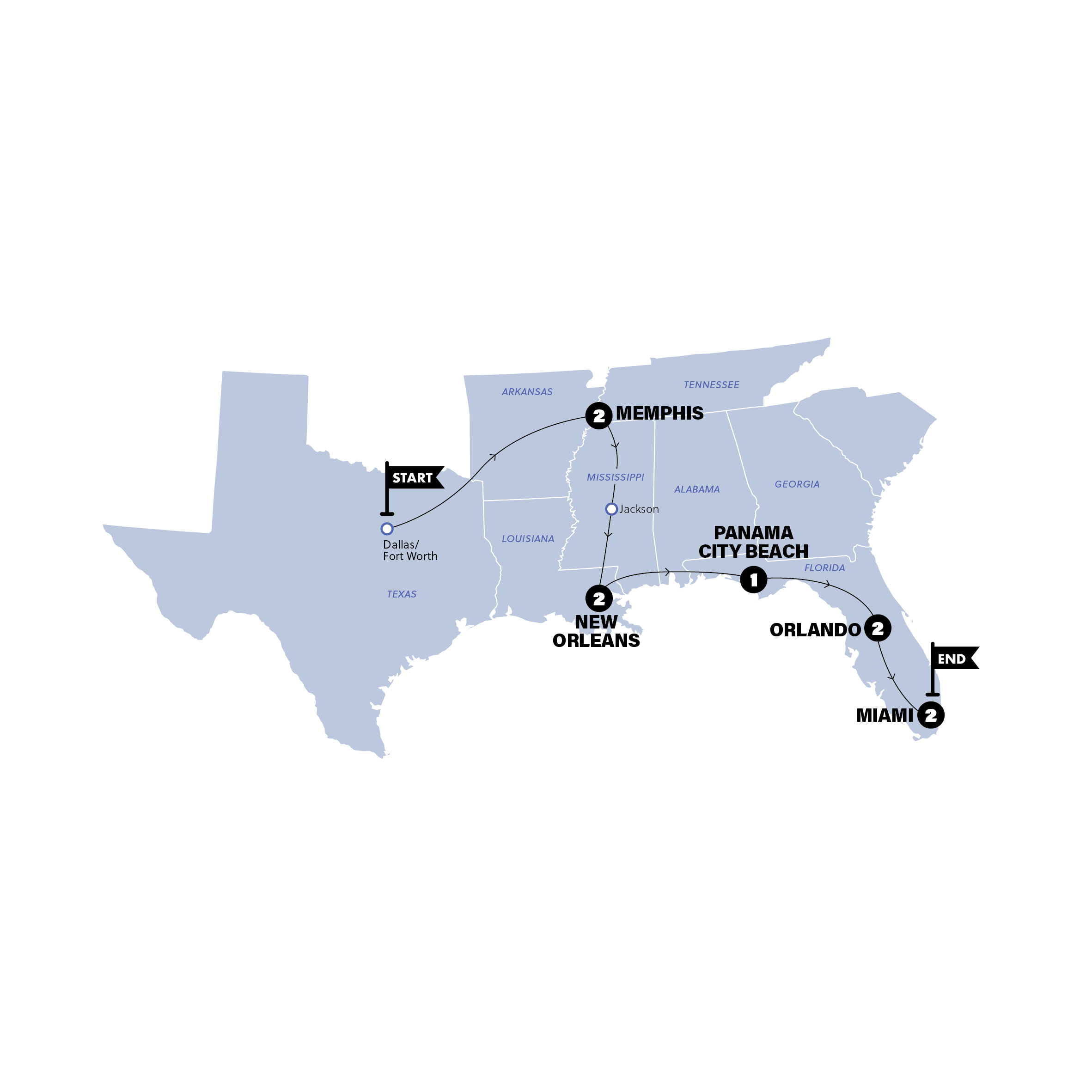 Map for USA: Dallas to Miami | 2026
