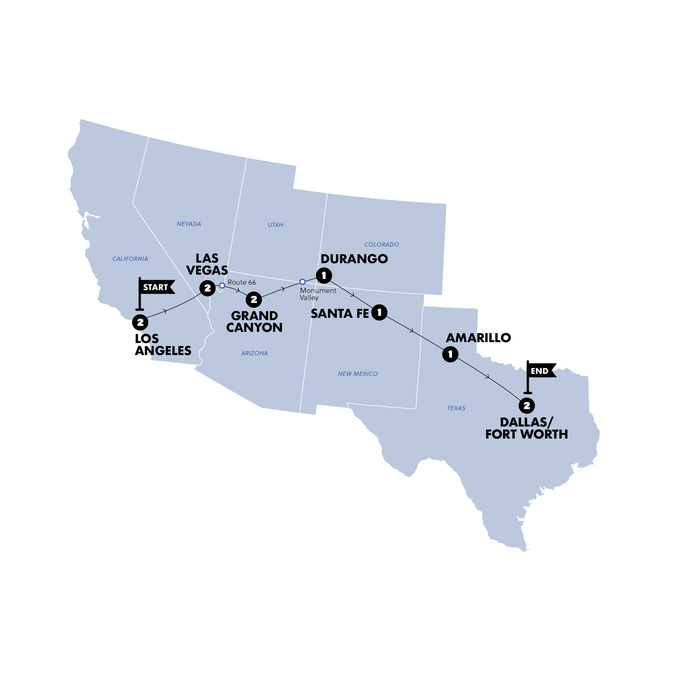 Map for USA: LA to Dallas | 2026