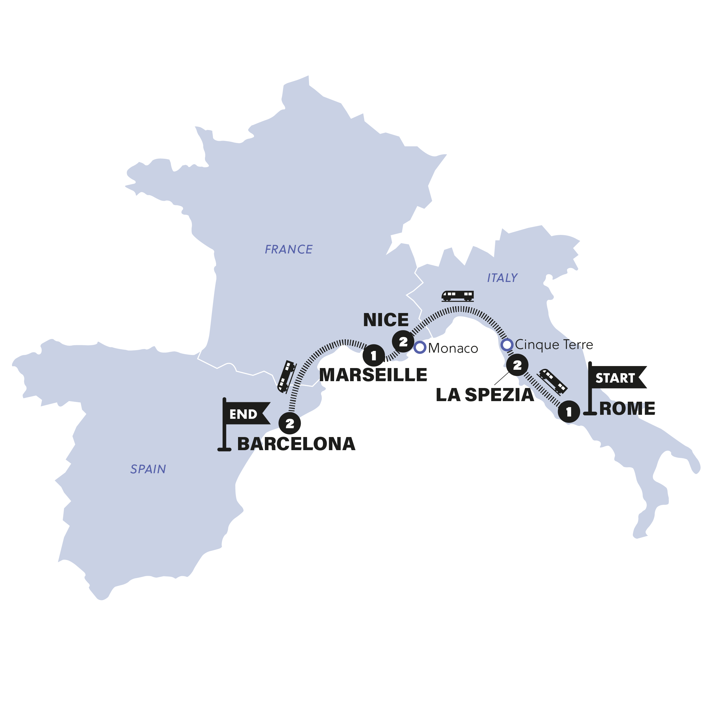 Map for Rome to Barcelona by Train | 27-35 | 2026