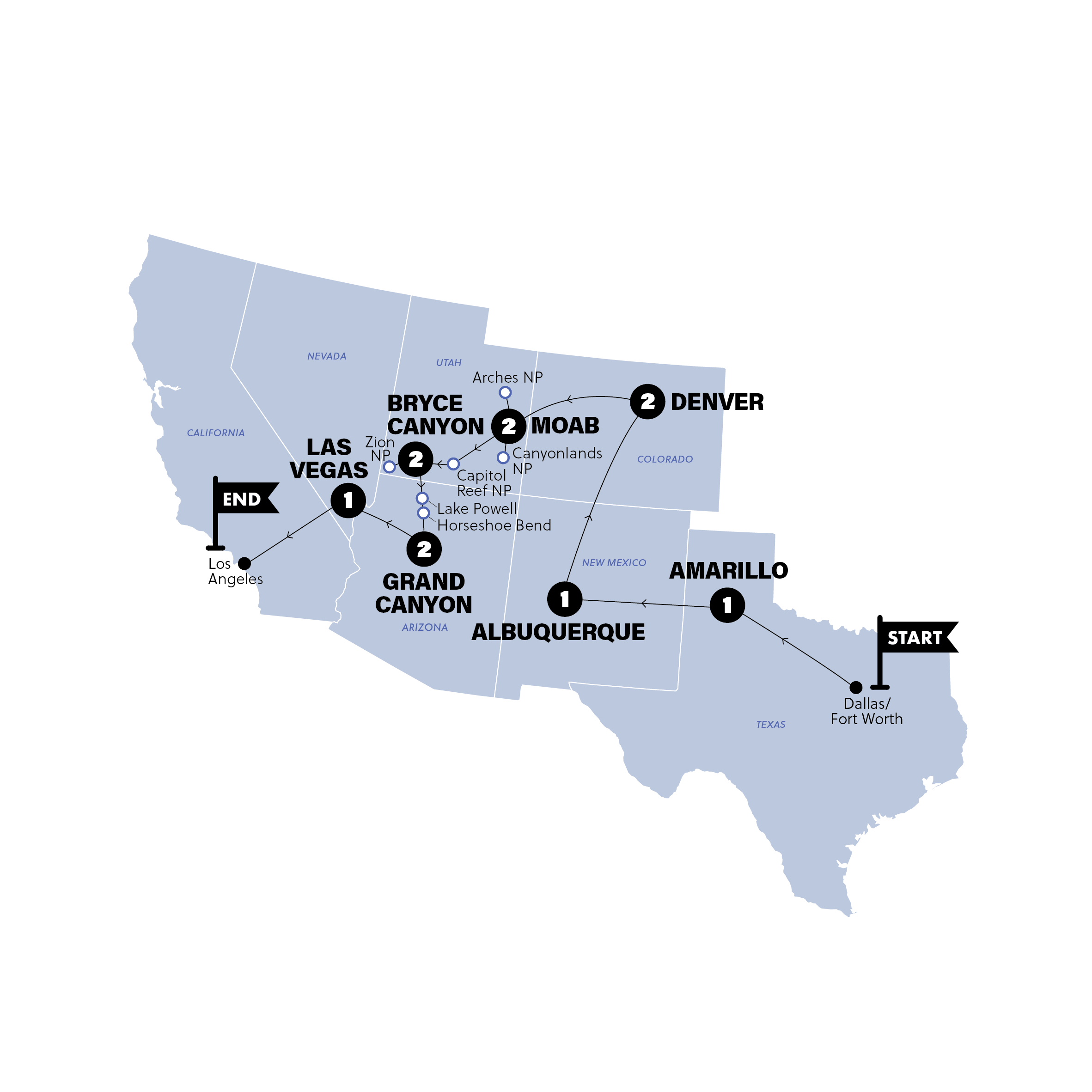Map for USA: National Parks Road Trip | End Las Vegas | 2025