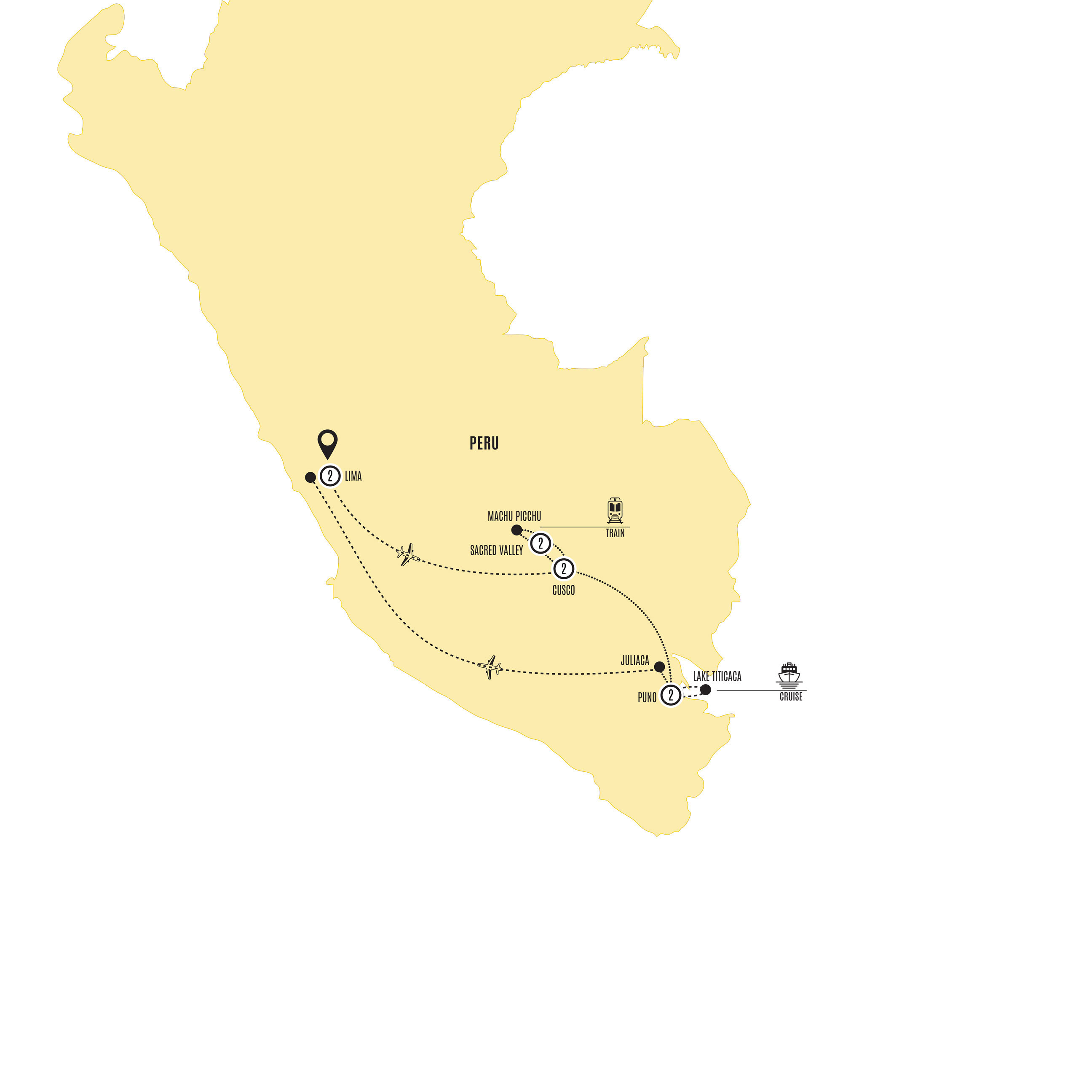 Map for Peru Explorer with Puno and Lake Titicaca Extension