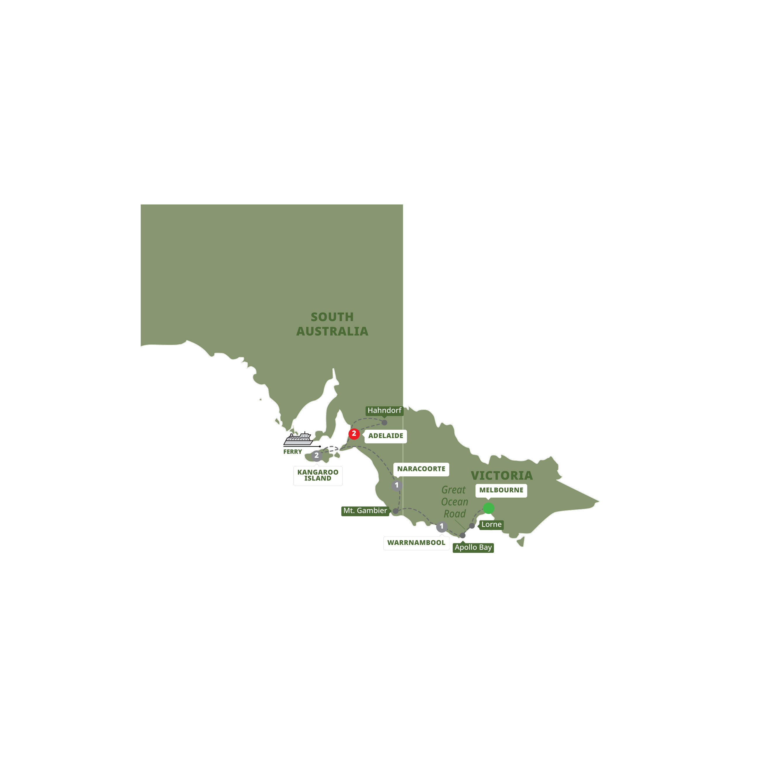 Map for Great Ocean Road and Kangaroo Island