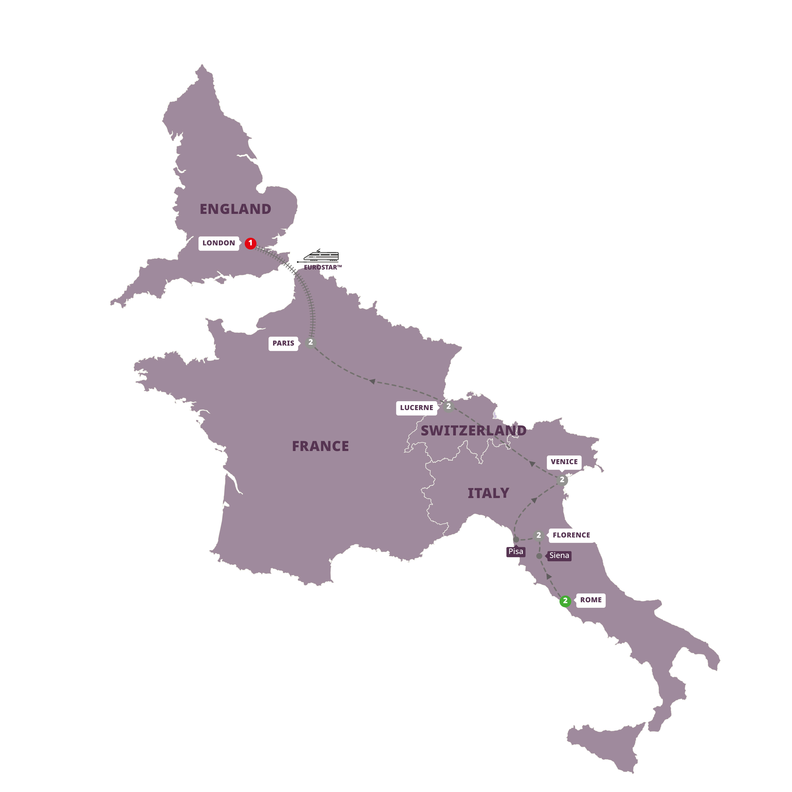 Map for European Splendor With Eurostar™ Extension